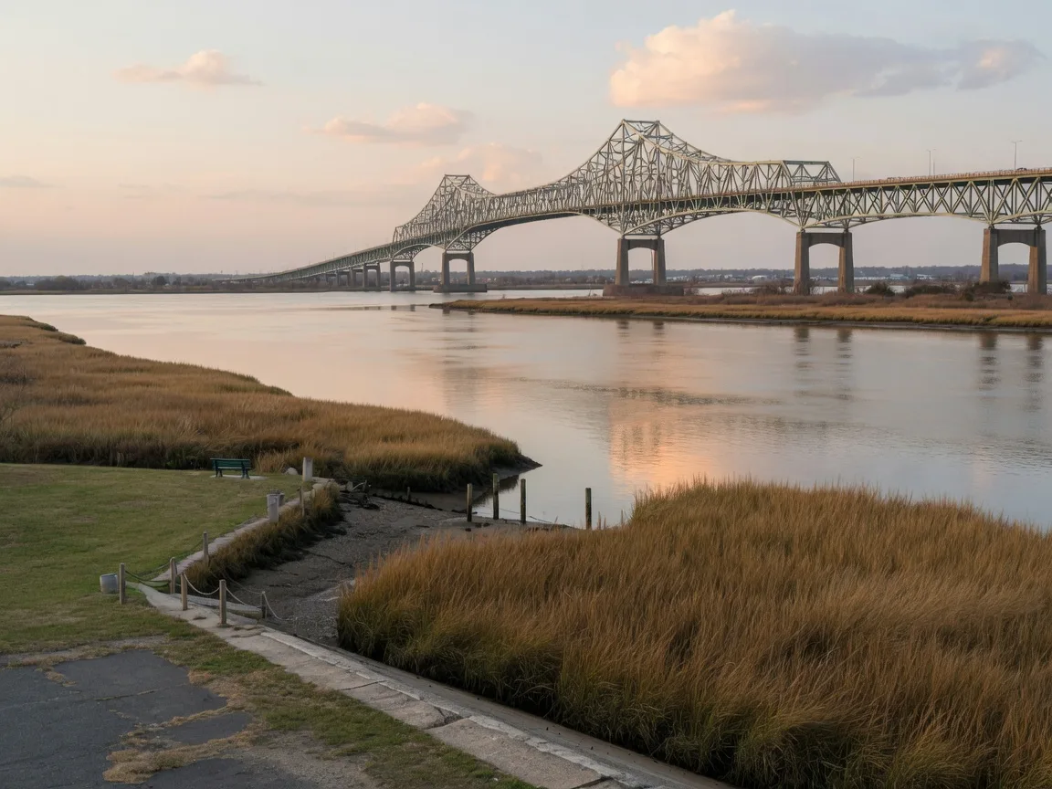 Delaware River waterfront near Paulsboro, New Jersey with marsh grasses and the Commodore Barry Bridge in the distance