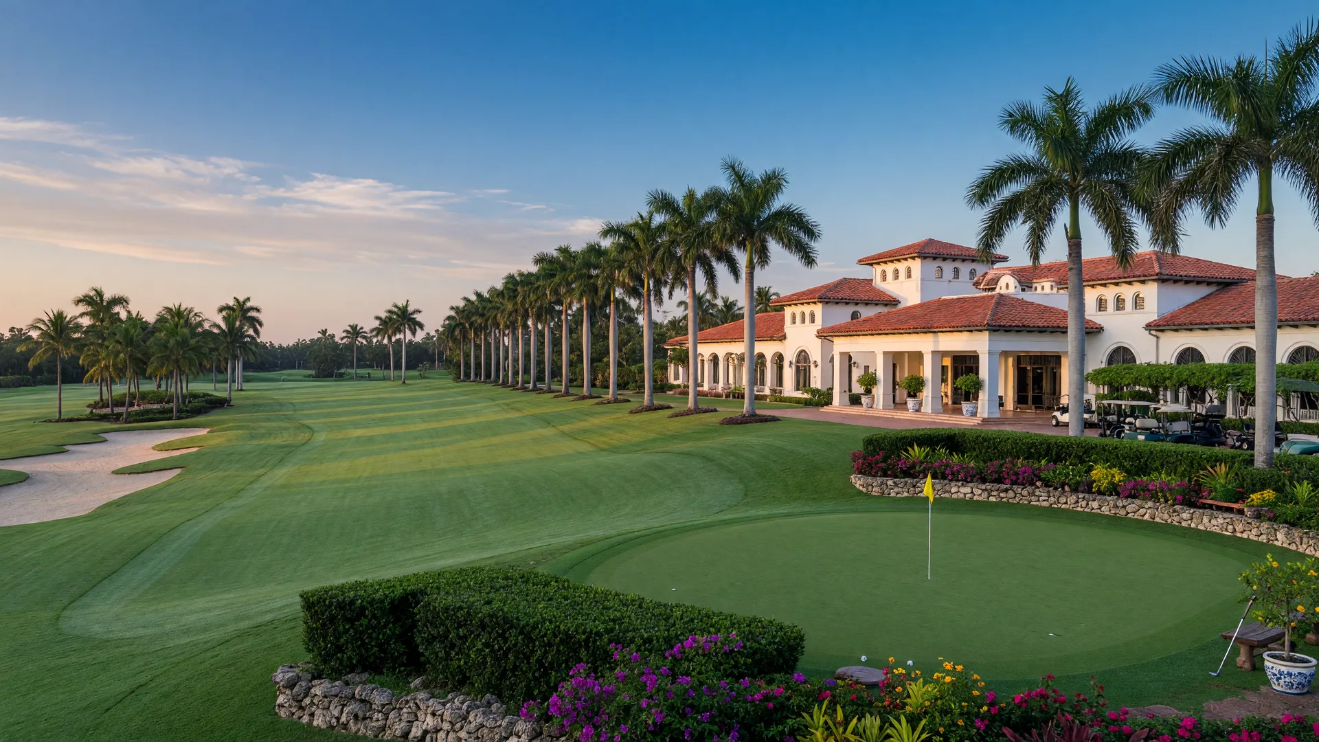 A country club golf community in Boca Raton with palm-lined fairways and a Mediterranean-style clubhouse