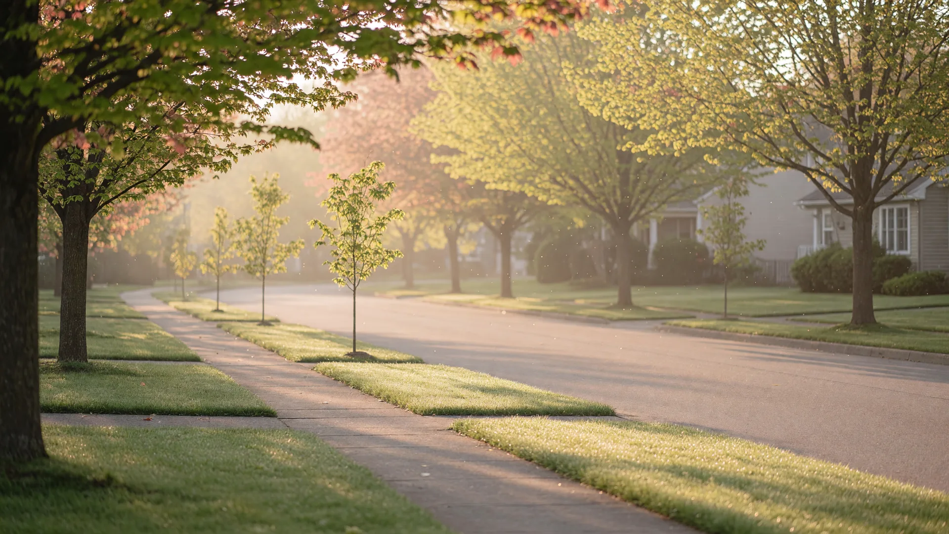 Soft morning light across a quiet residential street