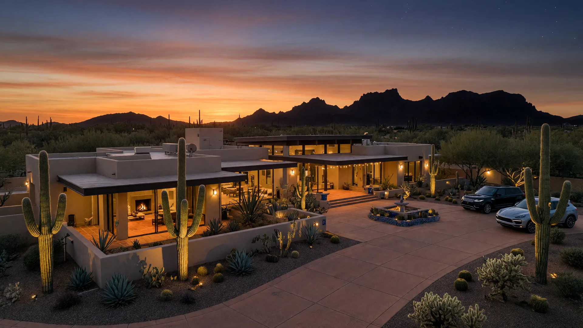 Luxury desert estate in Mesa Arizona at dusk with the Superstition Mountains on the horizon