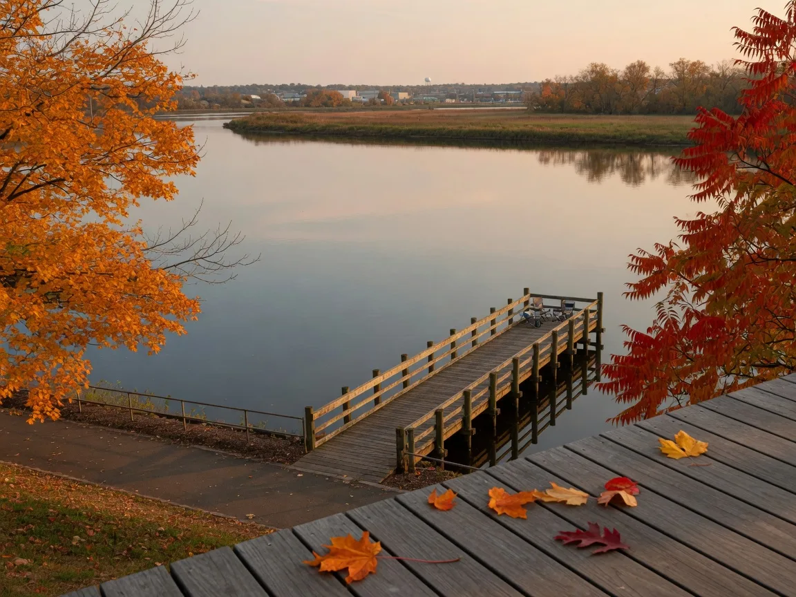 Calm stretch of the Delaware River shared by Bordentown and Florence in early autumn, with a wooden fishing pier, a walking trail, and golden fall foliage