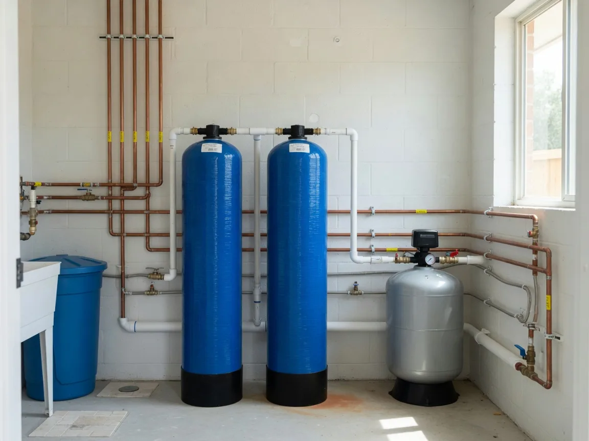 Straight-on view of a residential water treatment system in a Hill Country utility room: two blue water softener tanks and a steel pressure tank plumbed with white PVC and copper lines against a white wall