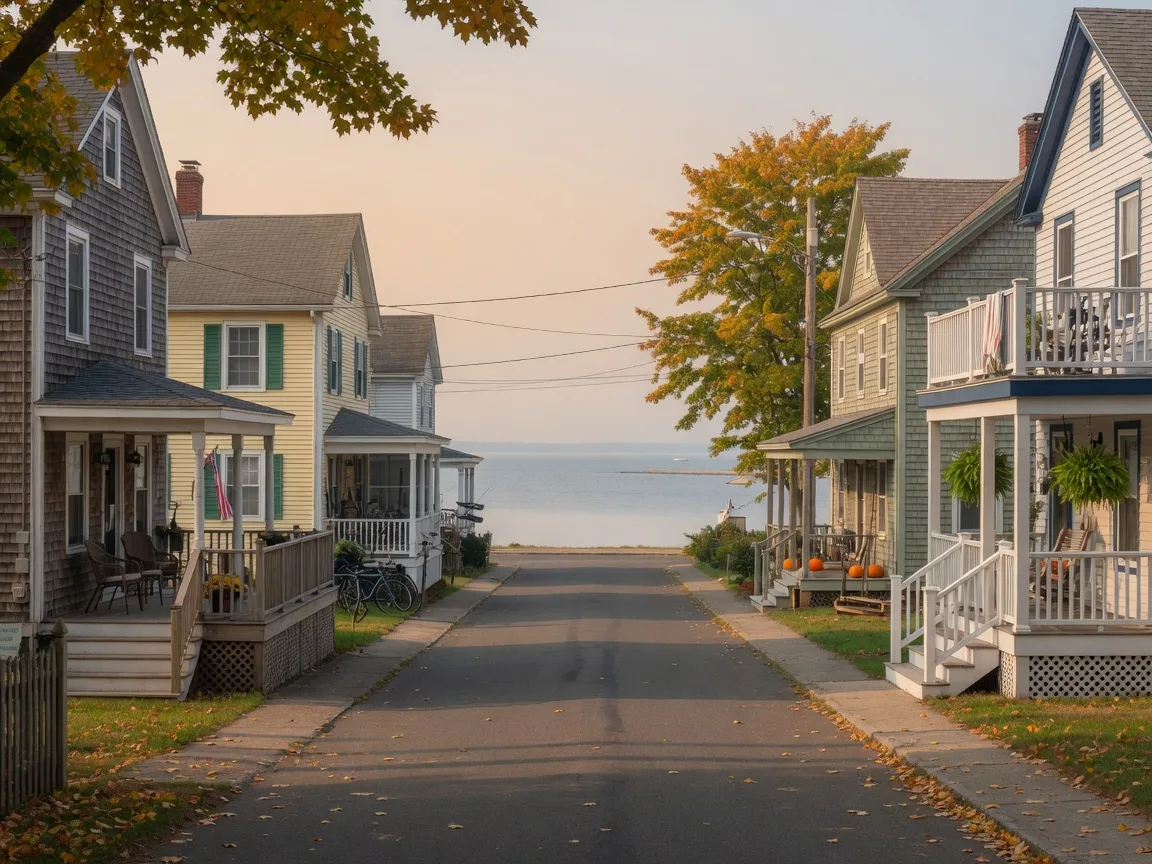 Classic New England shingled and clapboard homes along a quiet tree-lined beach street in West Haven, Connecticut, with golden early-autumn maples and Long Island Sound visible at the end of the street