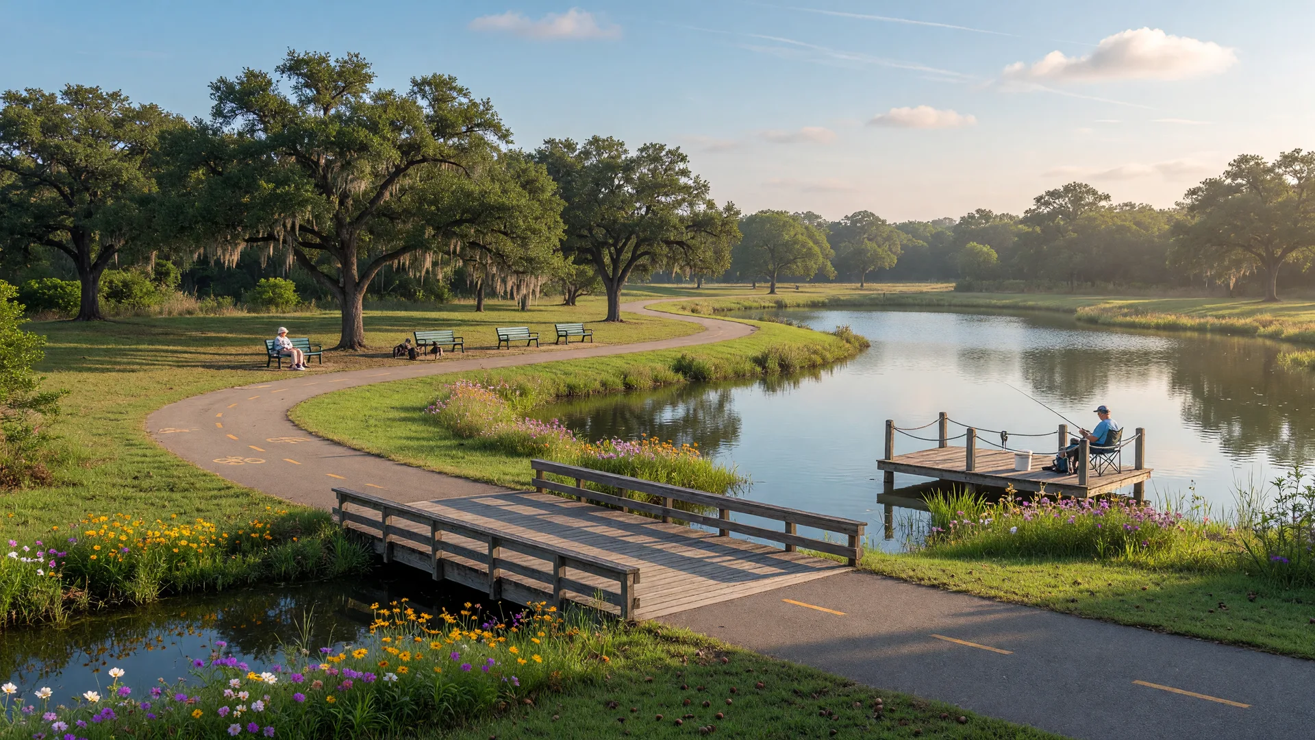 Illustrative image of a community park with a pond and walking trail near Old Katy