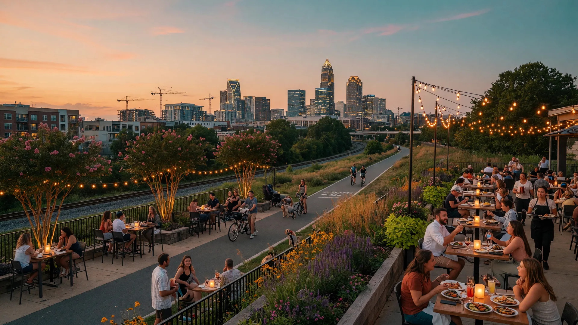 Late summer evening in Charlotte NC South End with skyline backdrop, outdoor dining, and string lights