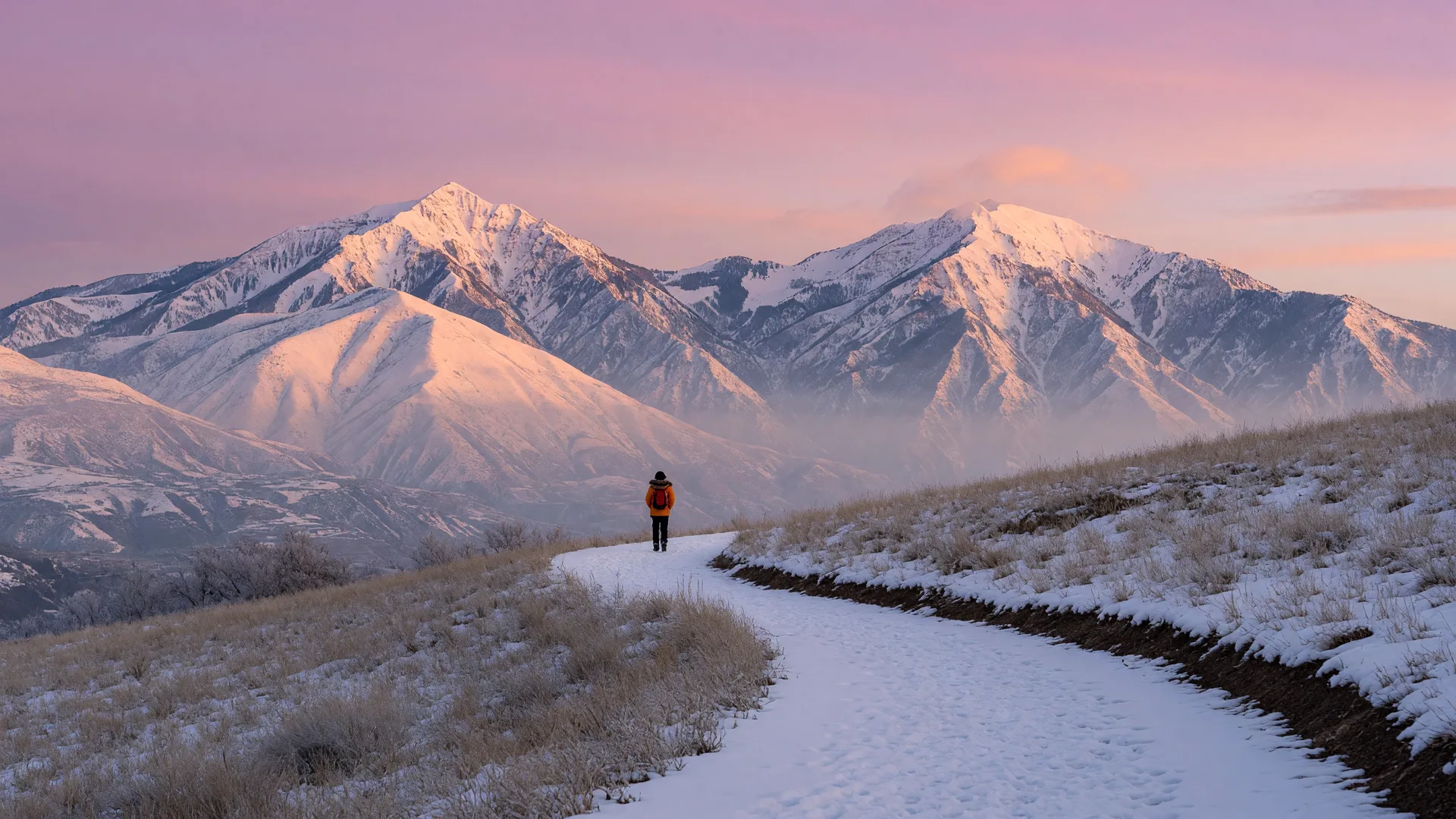 A snow-lined trail in the Wasatch Mountains near Draper, Utah at golden hour in winter light