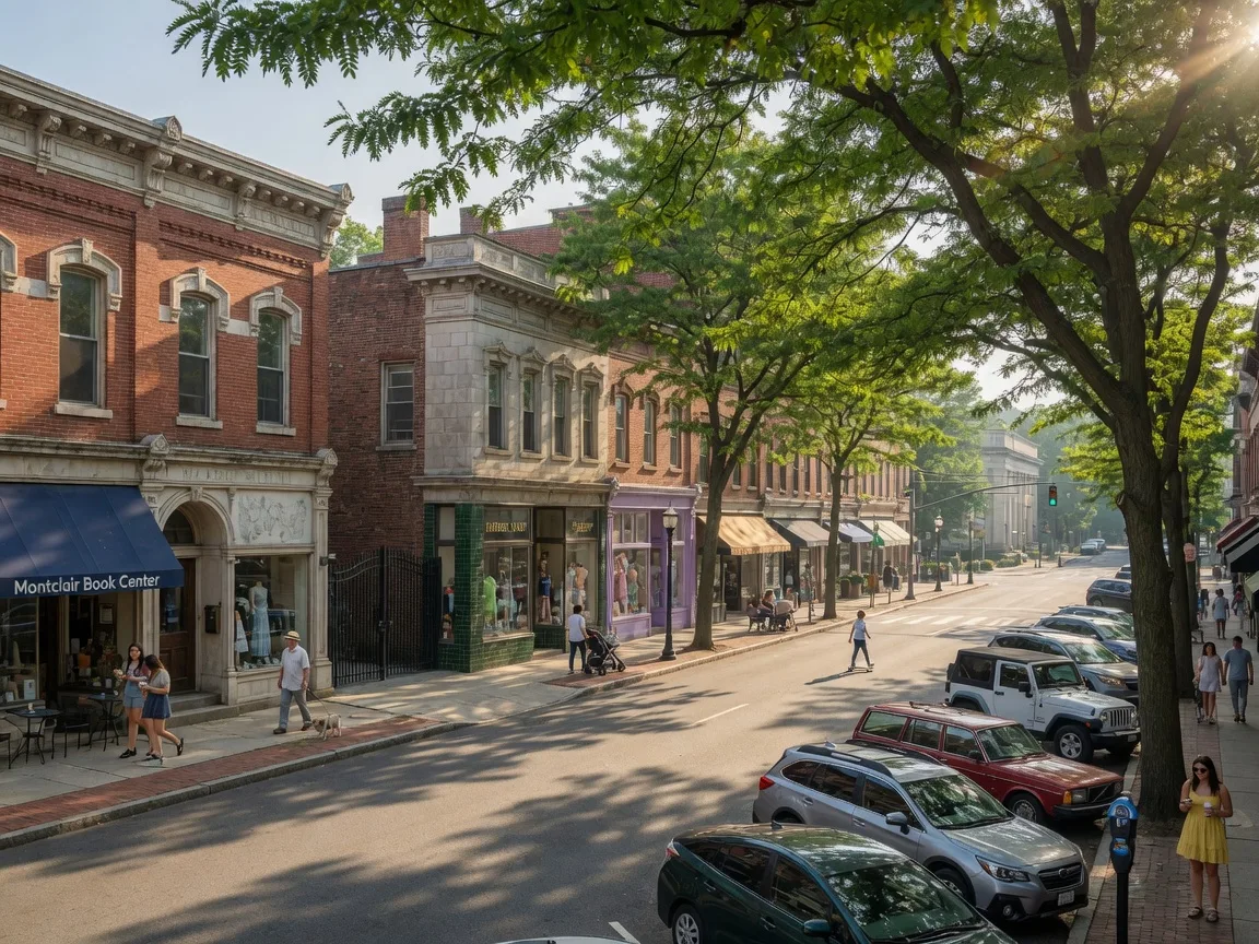 Historic brick storefronts along Bloomfield Avenue in downtown Montclair NJ on a sunny summer morning with pedestrians and mature street trees