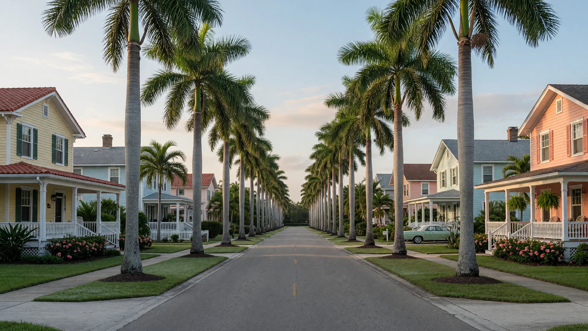 A palm-lined Fort Myers boulevard with royal palms and classic 1920s white-porch Florida homes in morning light