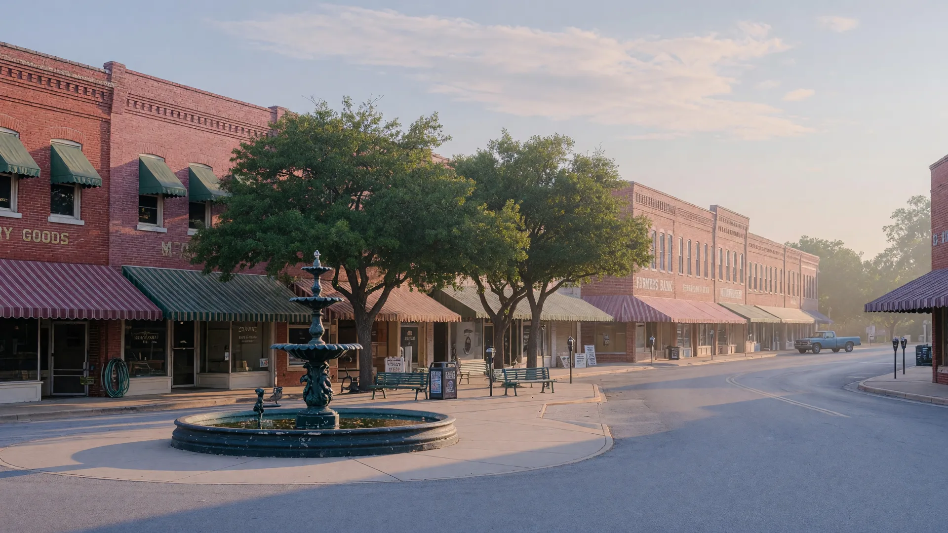 The downtown square of Paris, Texas, with brick storefronts and a tree-lined plaza in morning light