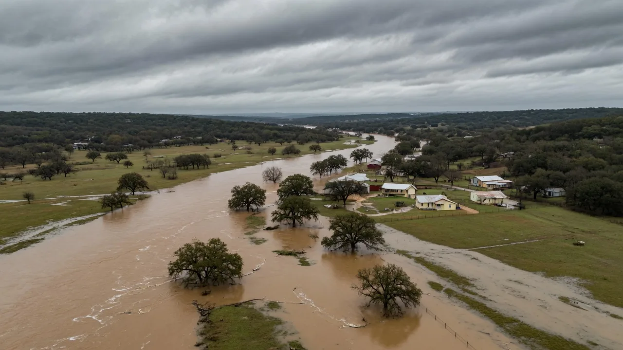 A Texas Hill Country river swollen in flood over its banks across a grassy valley under an overcast sky