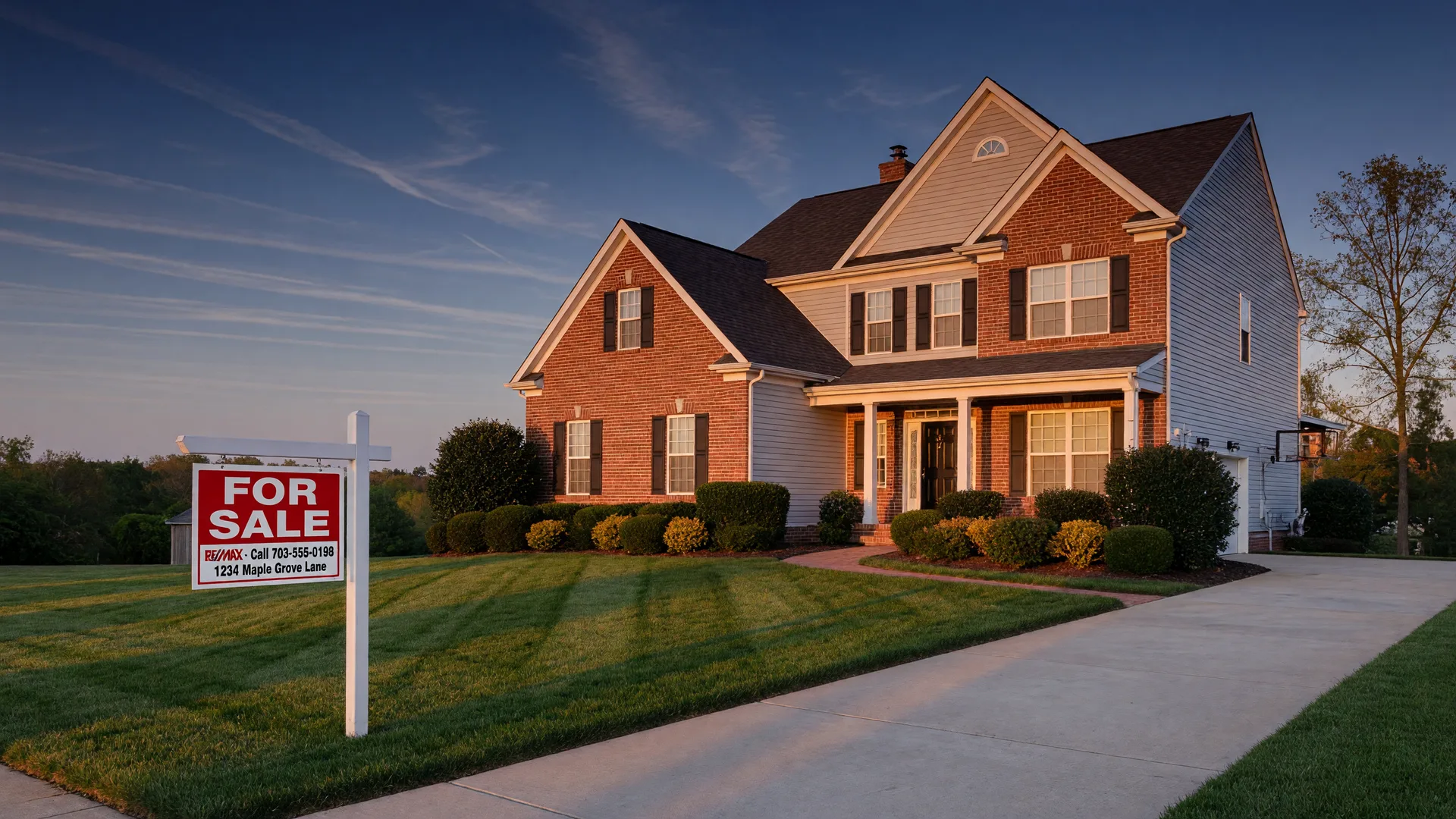 A modern single-family home in Northern Virginia with a For Sale sign in the front yard at golden hour