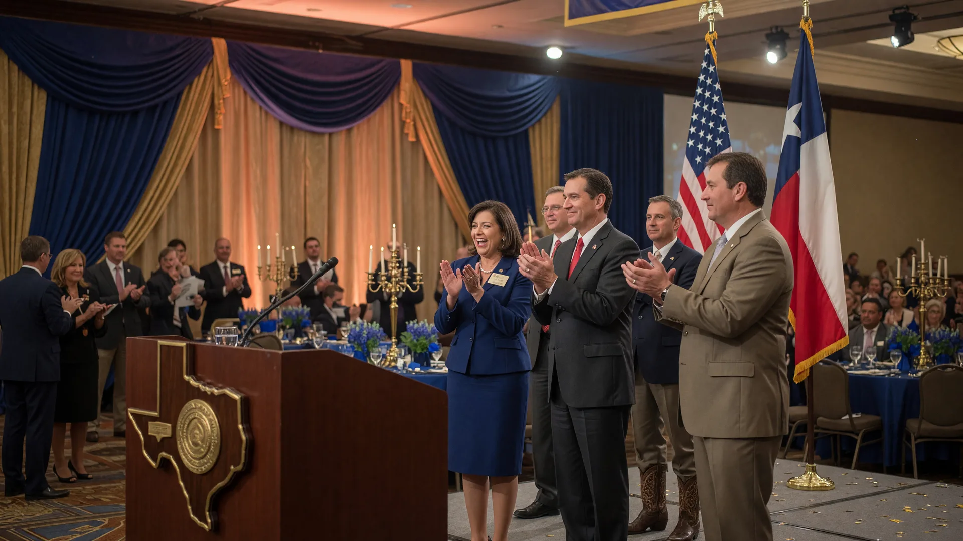 Texas economic development award ceremony with podium, Texas-shaped plaque, and business professionals in a hotel ballroom