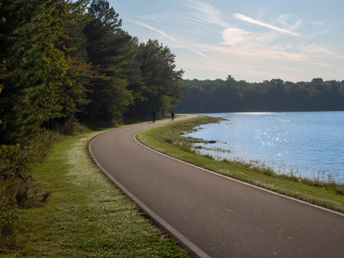Paved bike path along Cross Lake in Crosslake, Minnesota on a summer morning