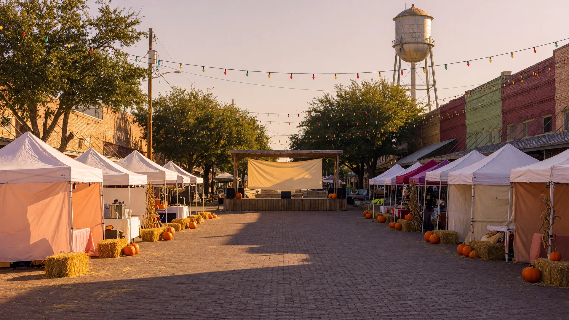 Illustrative image of a small-town street festival with vendor tents and string lights