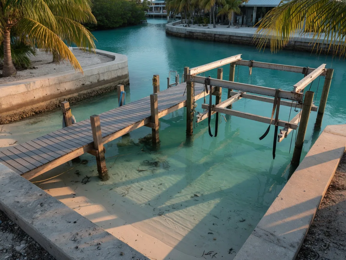 A private dock and boat lift in the Florida Keys over clear turquoise canal water, the sandy canal bottom visible through the shallows beside a weathered concrete seawall in golden morning light