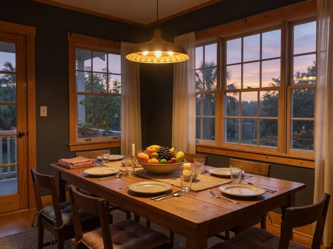 A warm dining room table set for a family meal in golden evening light
