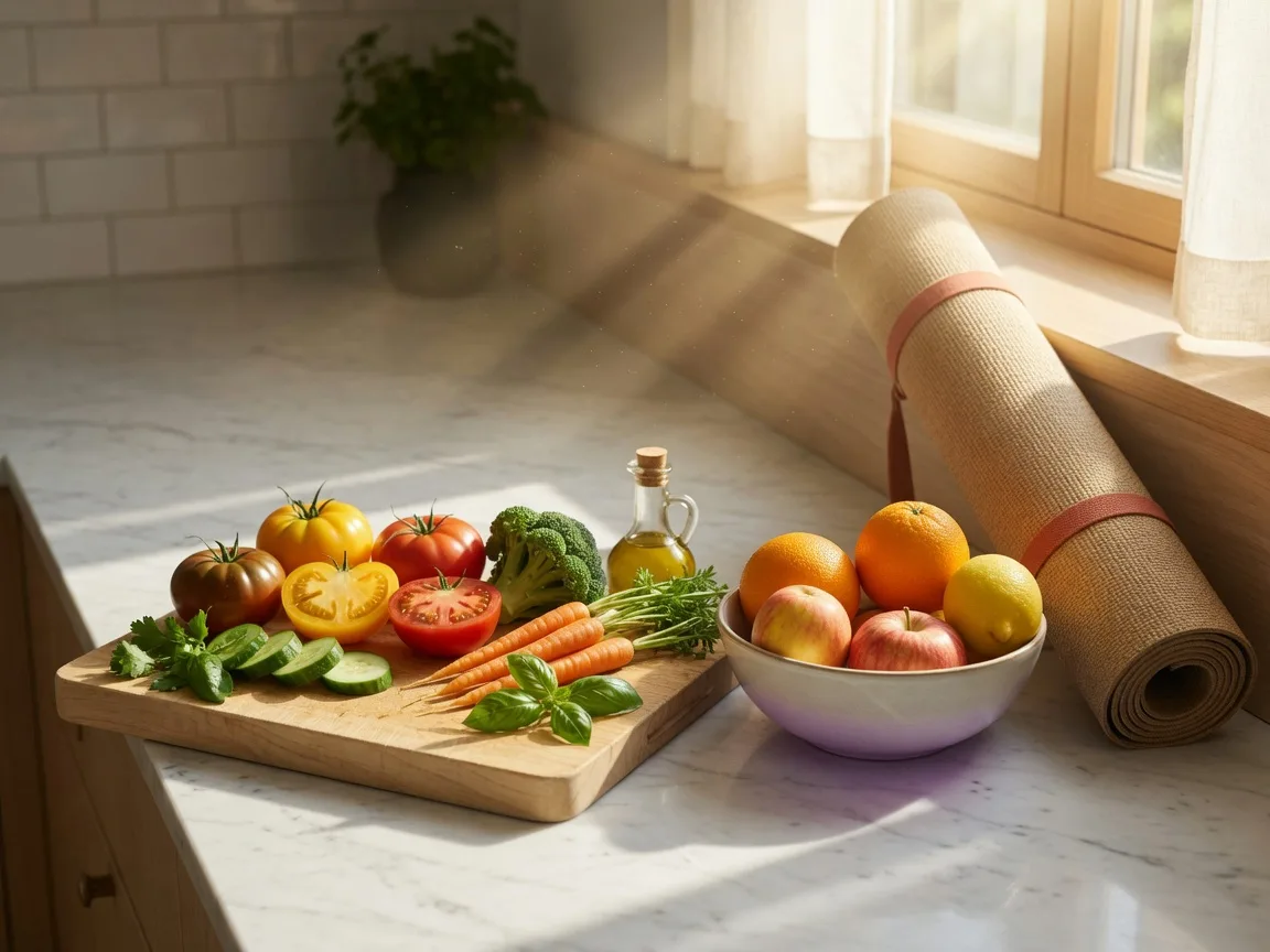 Fresh vegetables, fruit, and a rolled yoga mat on a sunlit kitchen counter