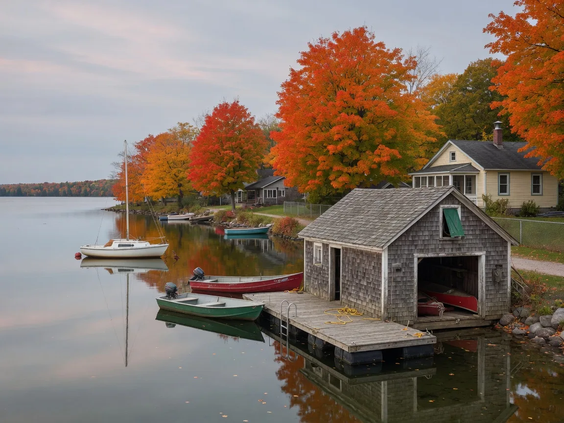A weathered wooden boathouse and floating dock on the shore of Lake Scugog in Scugog Township in mid-autumn, with sugar maples in orange and red along the bank and small boats moored on calm water