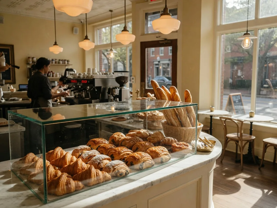 Bright interior of Fresh Baguette in Bethesda, Maryland with a glass display case full of golden croissants and pain au chocolat at a white marble counter, warm pendant lights, wooden stools by the front window, and soft morning light streaming through the glass