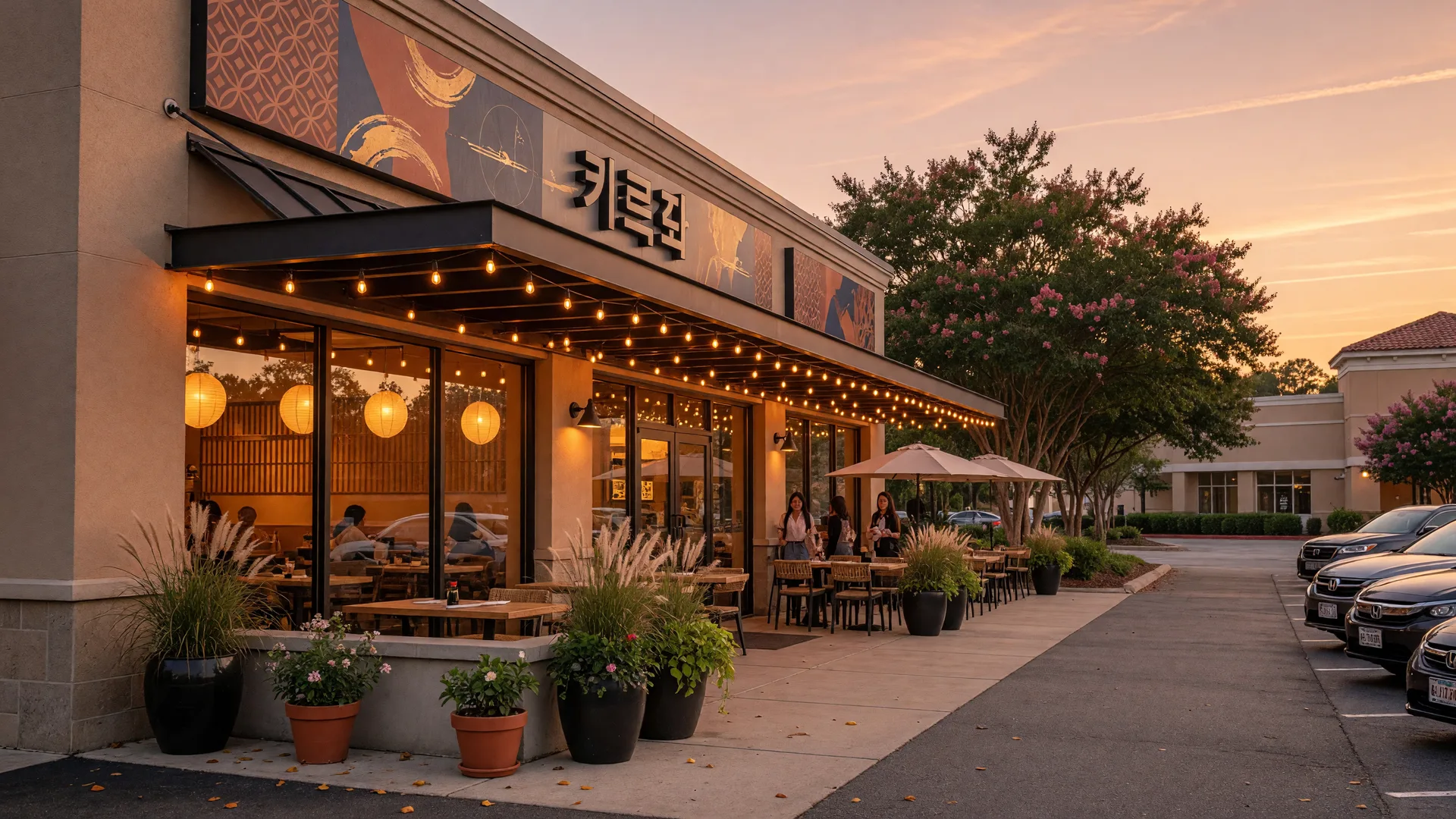 Kitchen121 restaurant exterior at Hamilton Mill in Buford Georgia, a warm neighborhood Asian fusion spot with amber string lights and covered patio