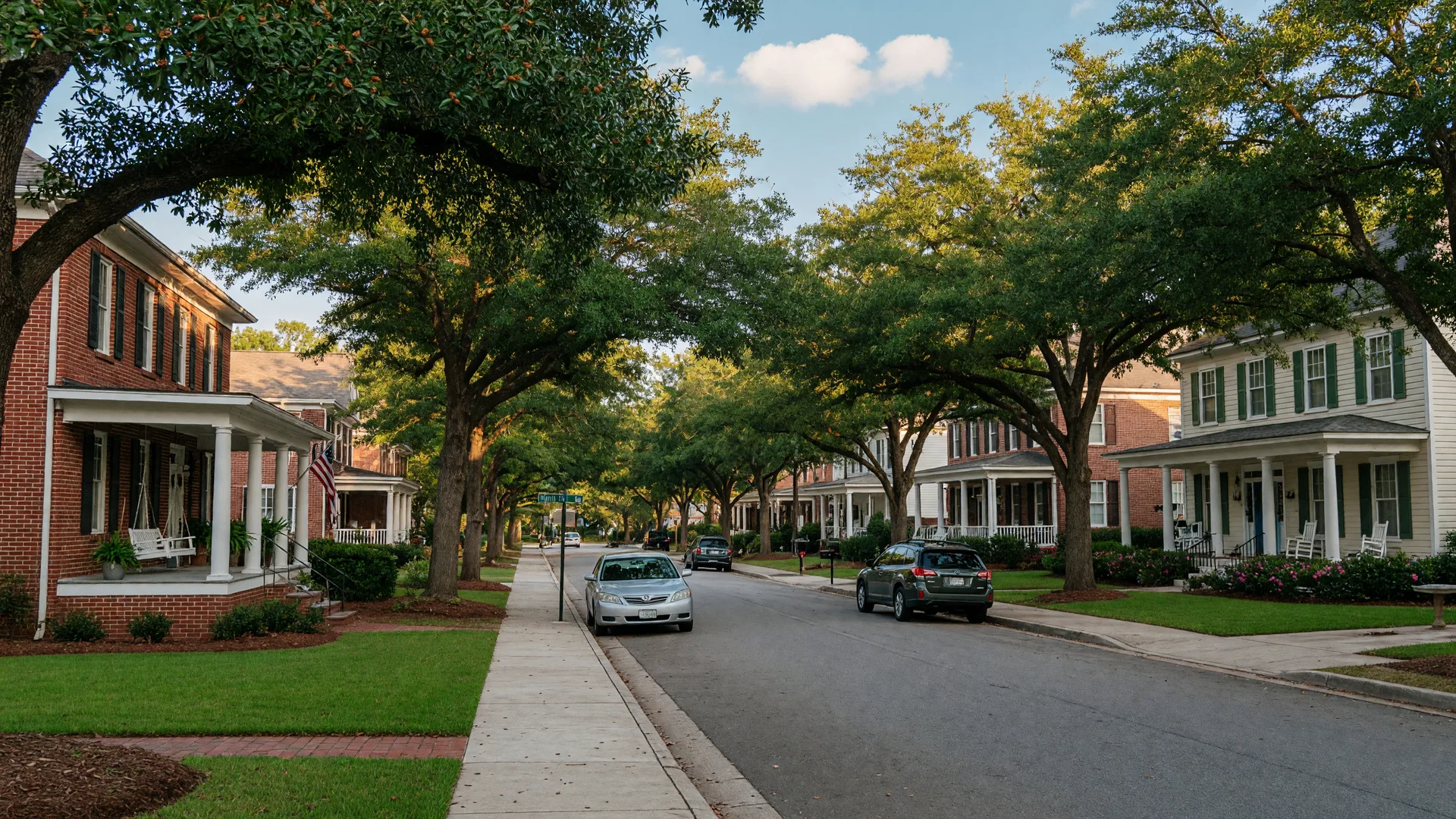 A tree-lined residential street in a Georgia suburb
