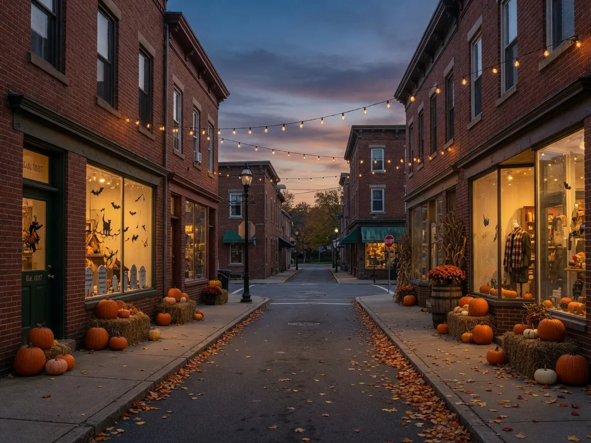 Small-town Pennsylvania main street at dusk in late October with brick storefronts aglow, string lights overhead, pumpkins and hay bales by the doorways, and Halloween decorations in the shop windows