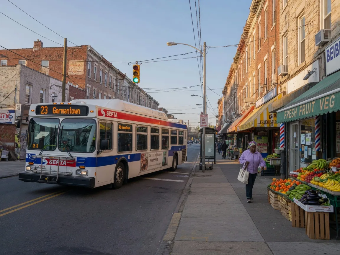 A SEPTA city bus on the Ogontz Avenue commercial corridor in West Oak Lane, with storefronts and a pedestrian