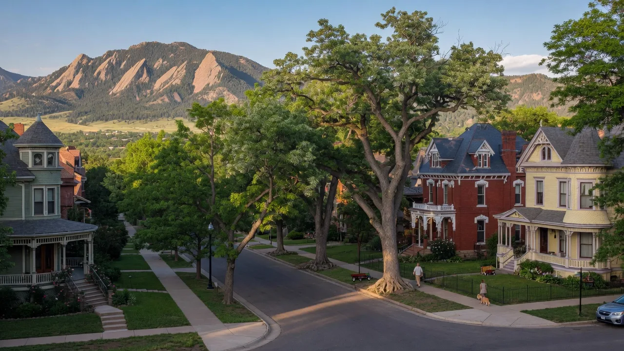 Grand Victorian homes on tree-lined Mapleton Hill street with Flatirons views