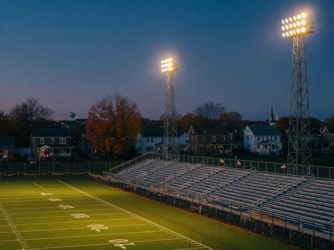 Stadium light towers glowing over the turf and empty bleachers at a suburban Pennsylvania high school field on an October dusk