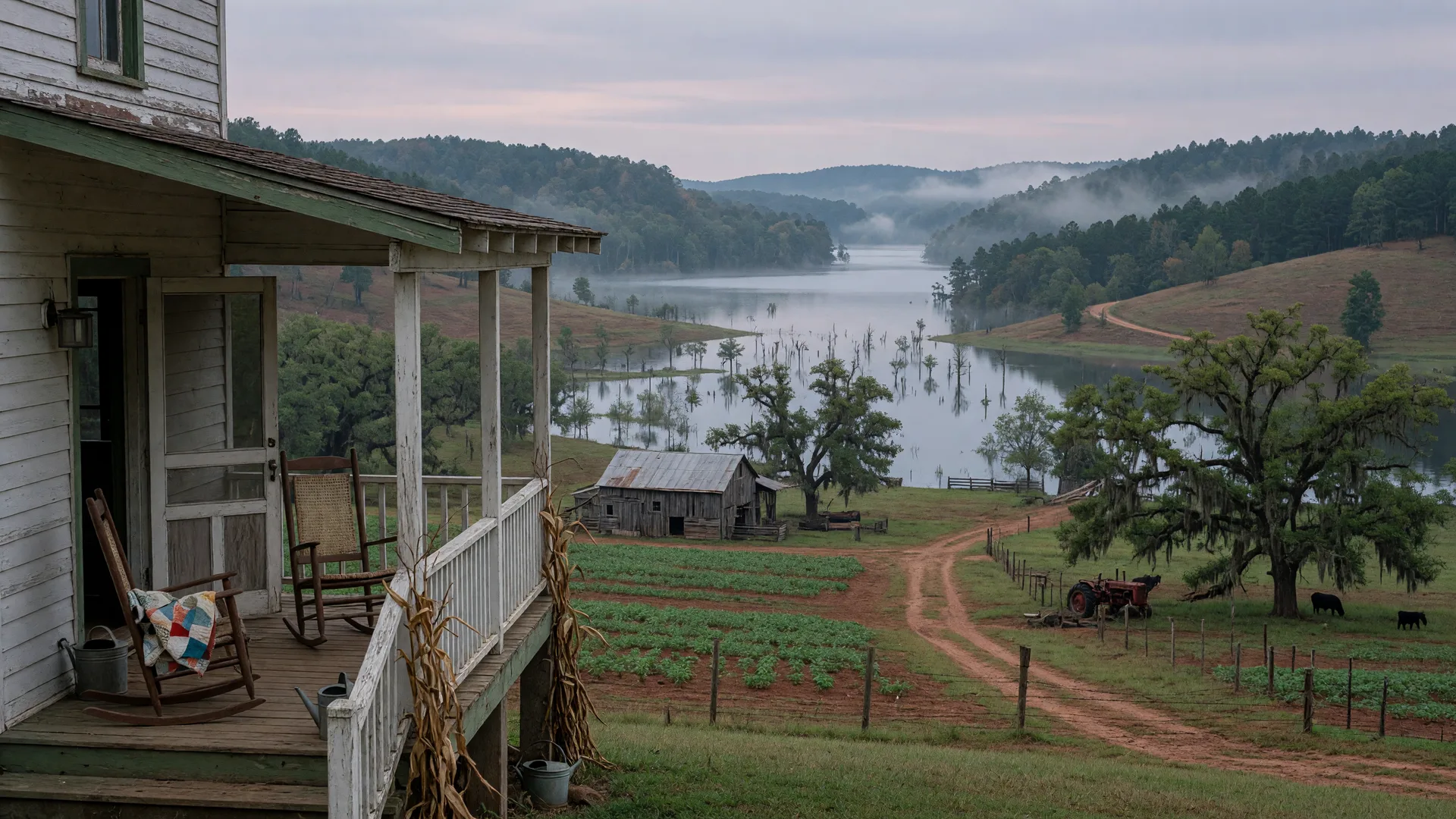 Wide view of a rural Georgia river valley transforming into a lake, seen from a white farmhouse porch with rocking chairs and mist rising over the water