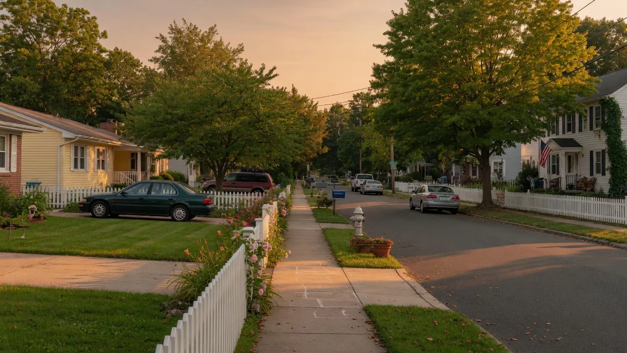 Quiet residential street in Carlstadt, New Jersey with mature trees and classic suburban homes on a summer afternoon