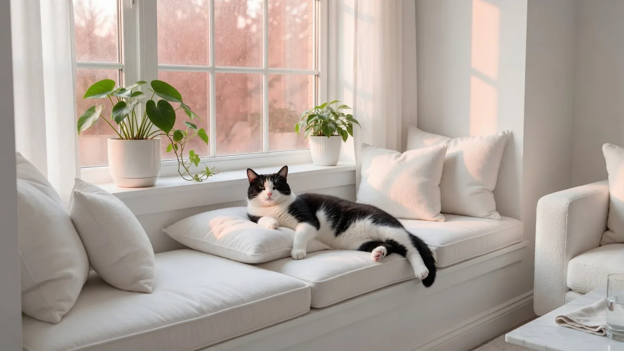 A cat lounging on a window seat in a bright, all-white sunroom