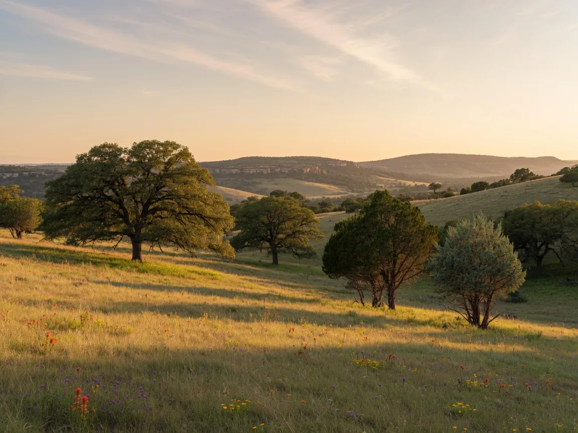 A private homesite at Ranch at Latitude 31: a sloping meadow of native grasses and mature oaks with panoramic Hill Country views