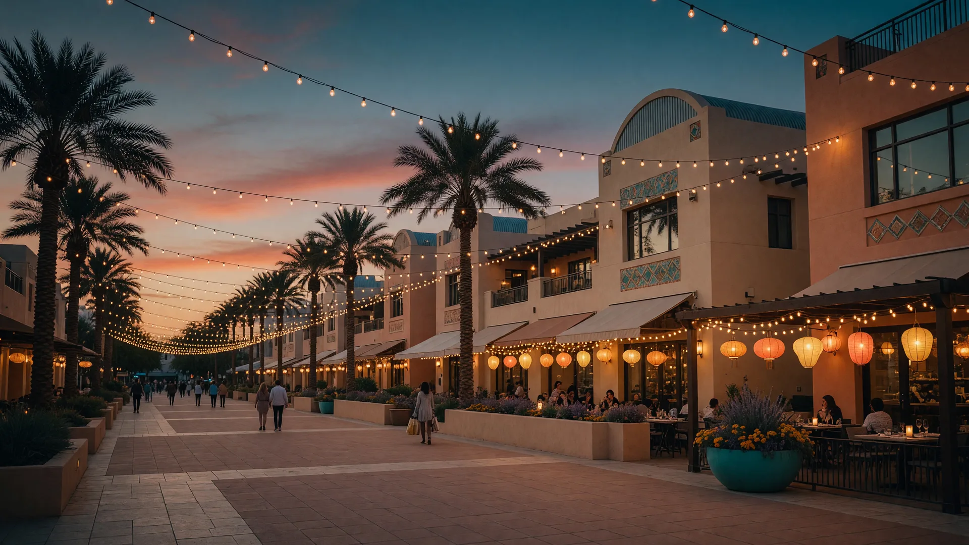 Open-air shopping and dining plaza in Glendale at dusk with string lights