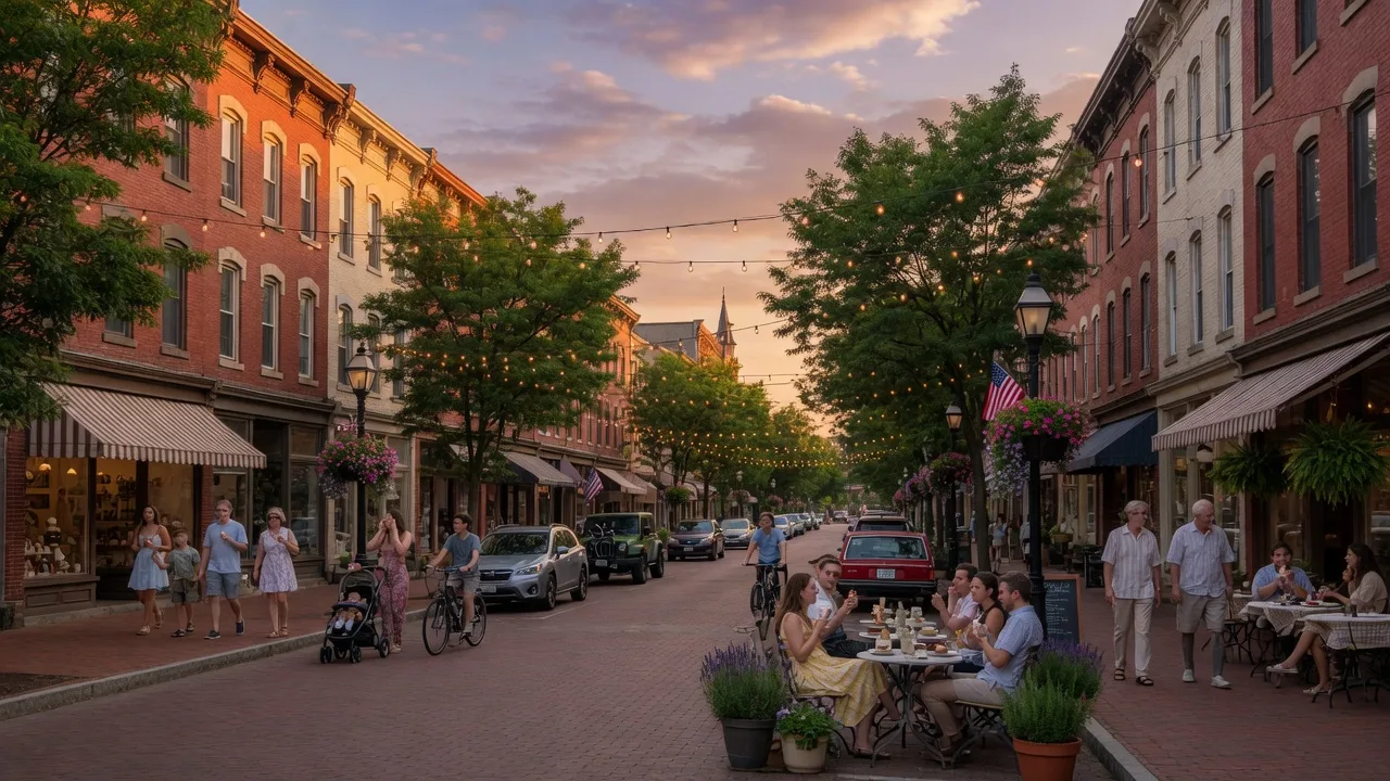 State Street in Media PA with outdoor dining and string lights