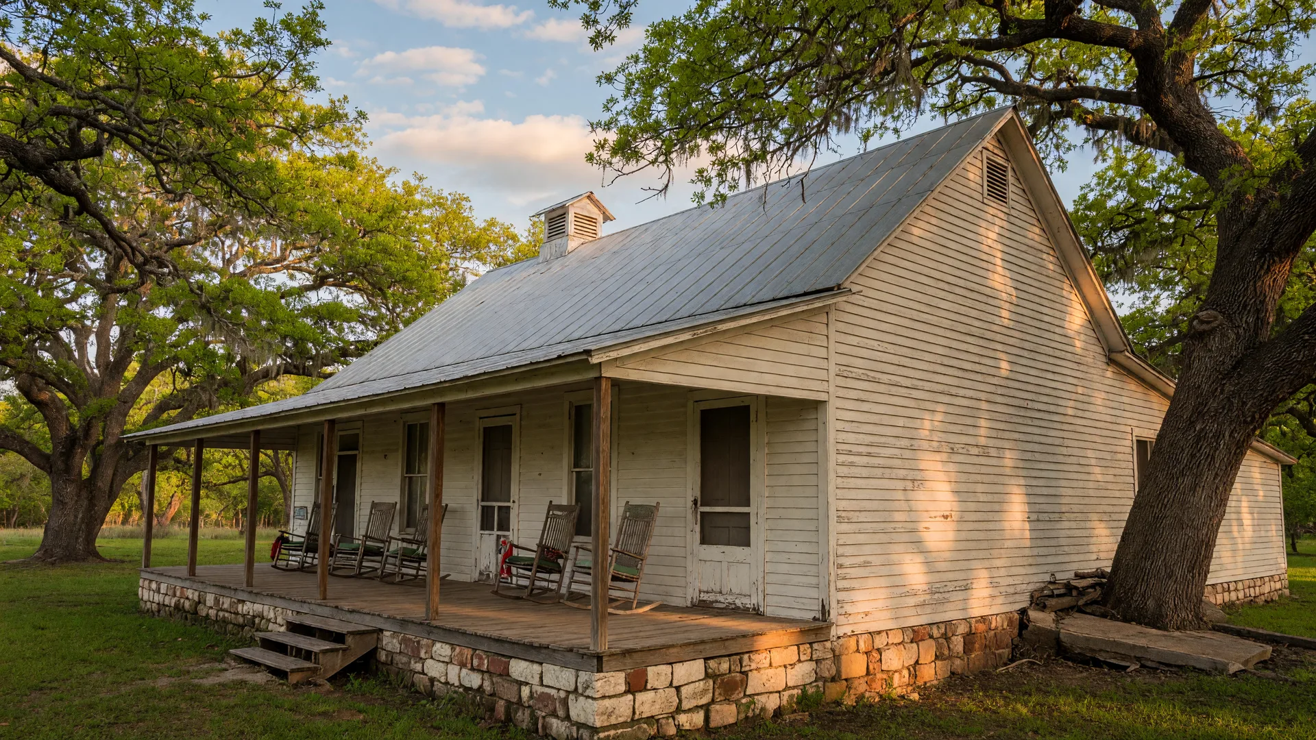 Gruene Hall, the iconic white wooden dance hall built in 1878, set beneath massive live oak trees in the Texas Hill Country