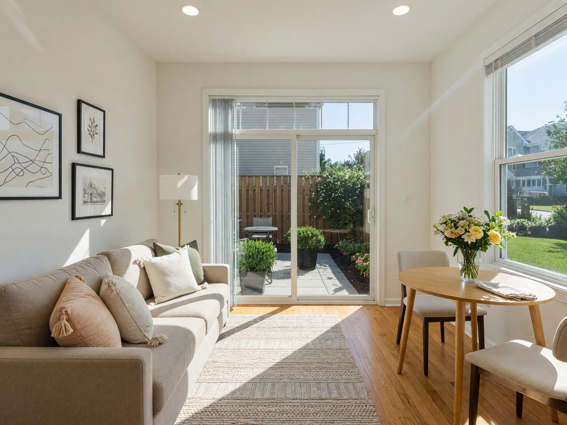 A bright, freshly staged condo living room in a Mount Laurel townhome with warm morning light