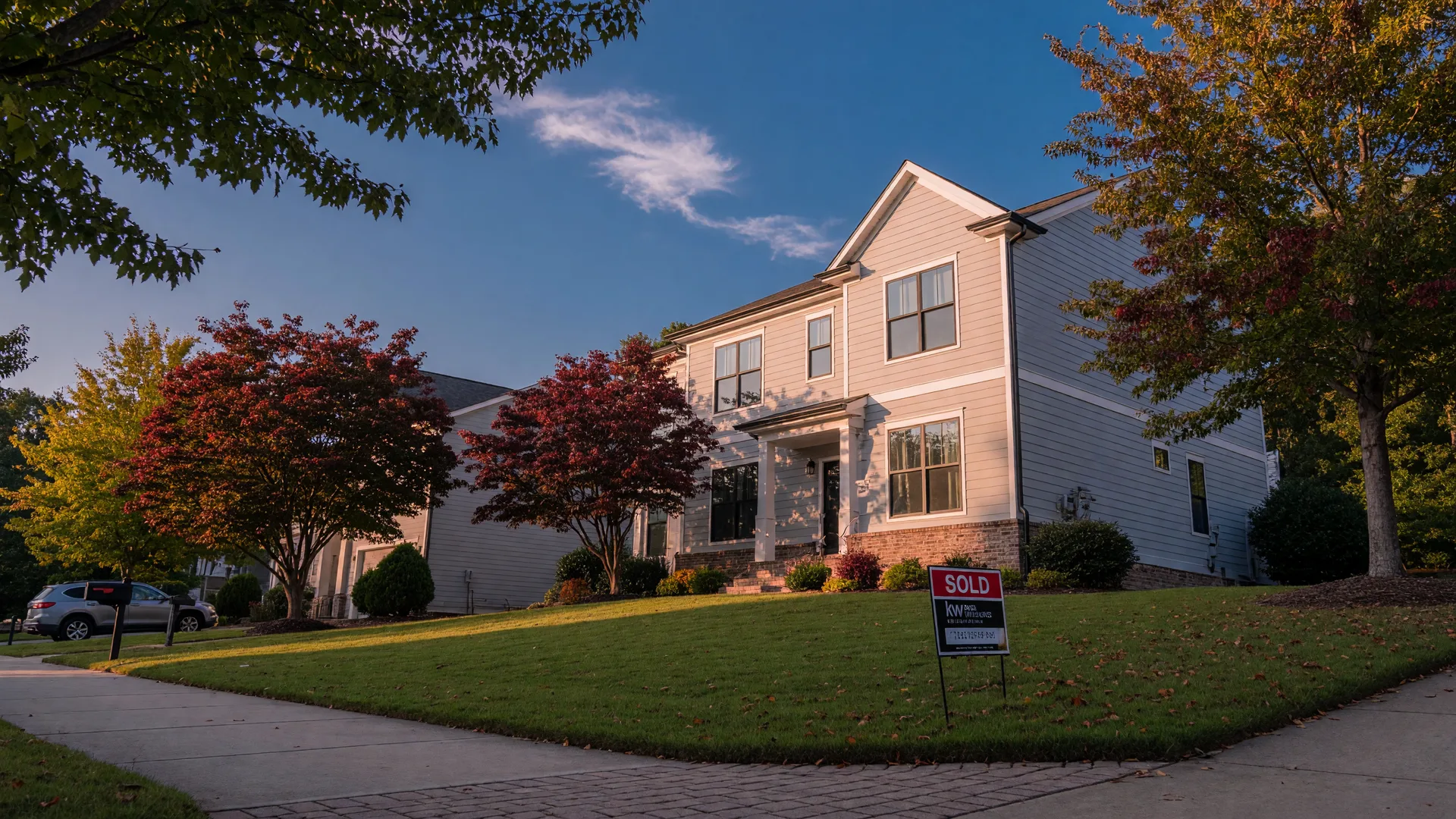 Modern Triangle-area suburban home at golden hour with a SOLD sign, sold for zero listing commission