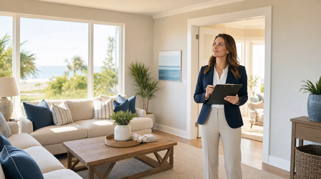 A real estate agent conducting a walkthrough in a bright coastal living room with a clipboard