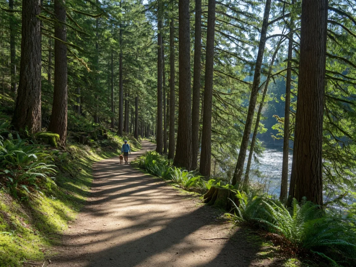 A forested trail winding through tall firs and cedars in Mary S. Young State Recreation Area in West Linn, with a glimpse of the Willamette River