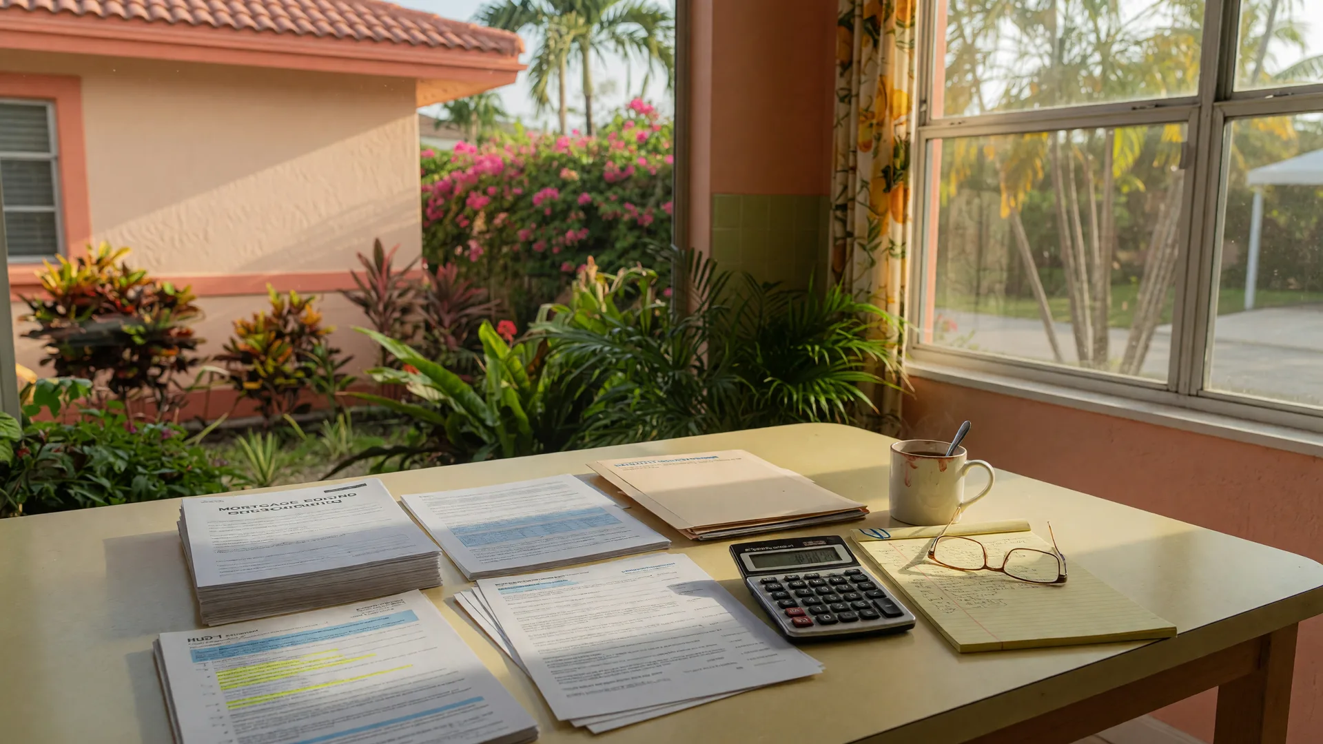 Mortgage escrow paperwork, calculator, and coffee on a bright South Florida kitchen table with palm trees outside the window