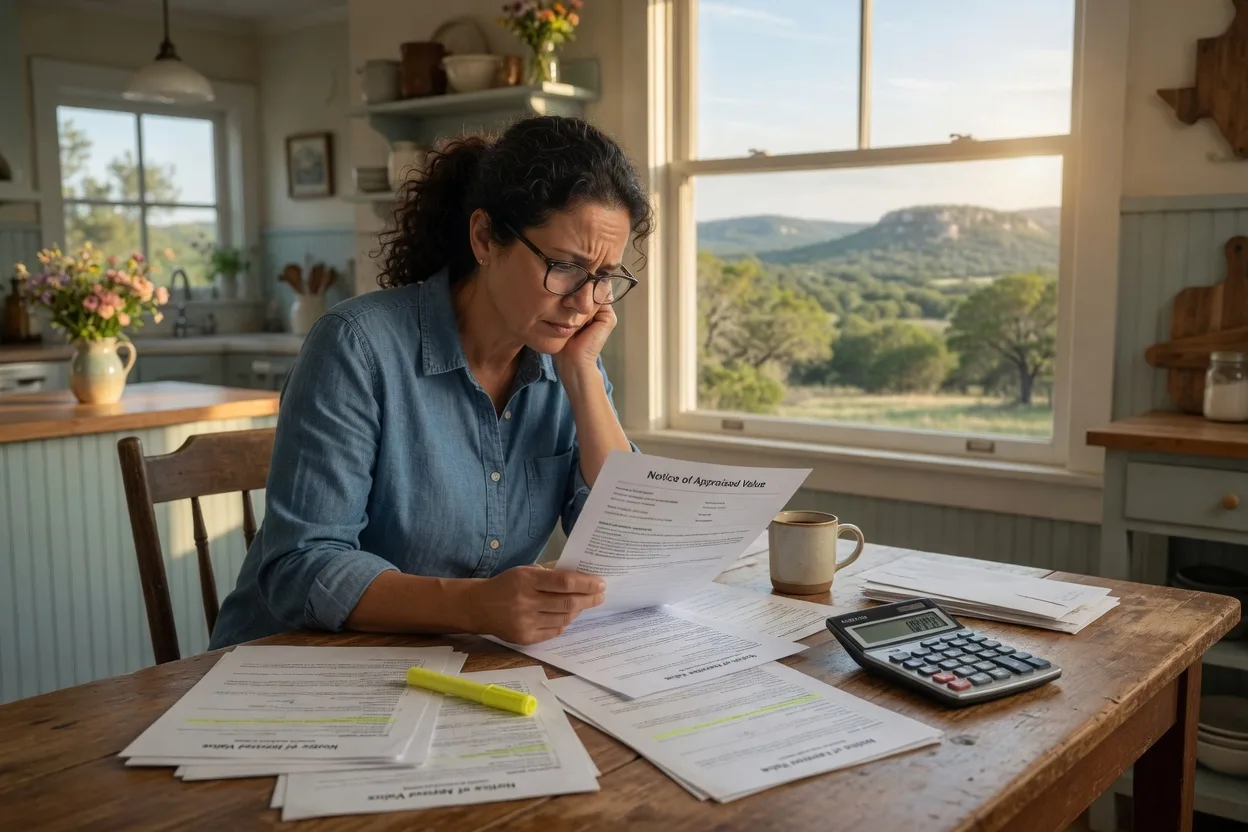 Homeowner reviewing property tax appraisal documents at a kitchen table in a Texas Hill Country home