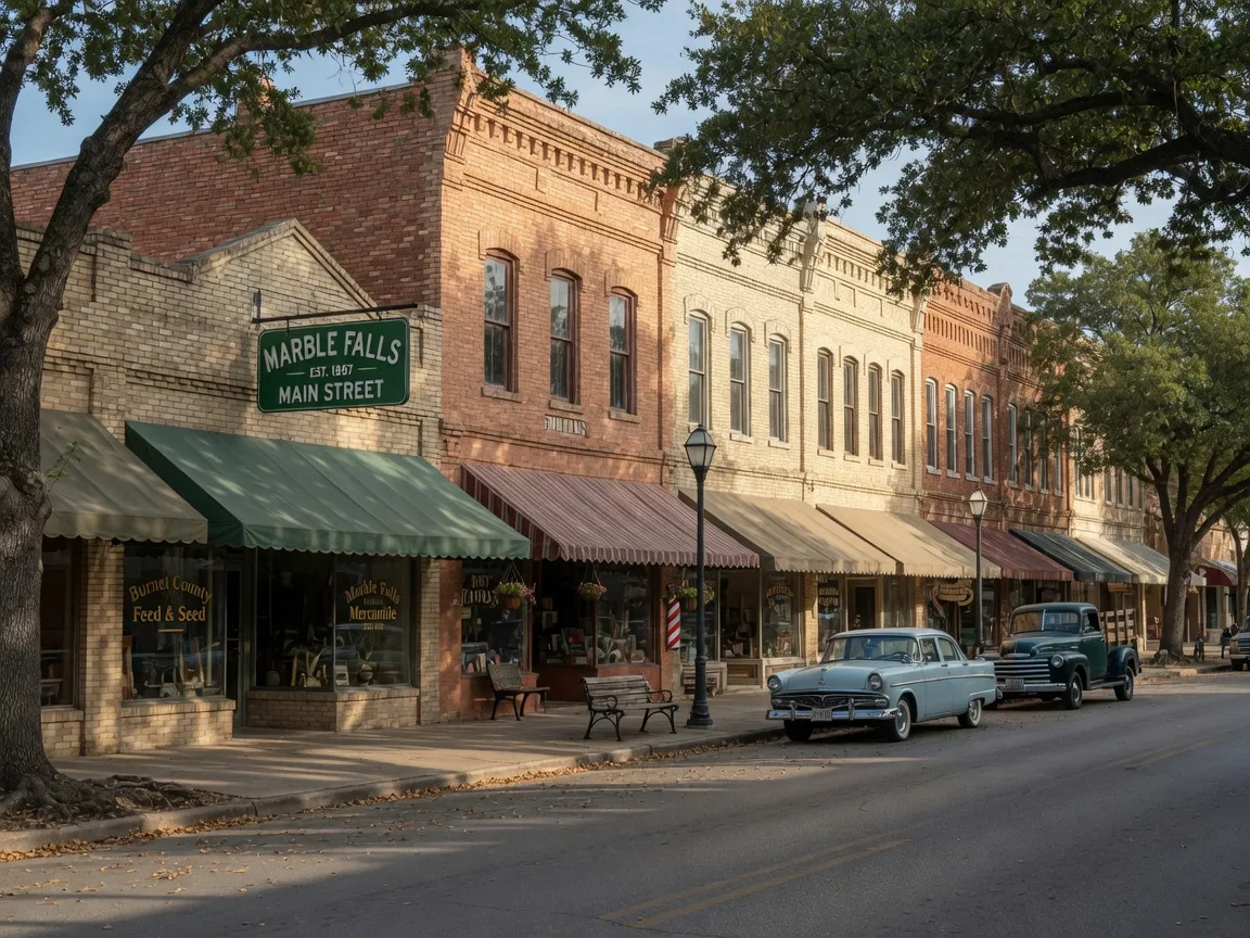 Historic Main Street in downtown Marble Falls with early 20th century brick storefronts,canvas awnings,and vintage cars parked along the curb