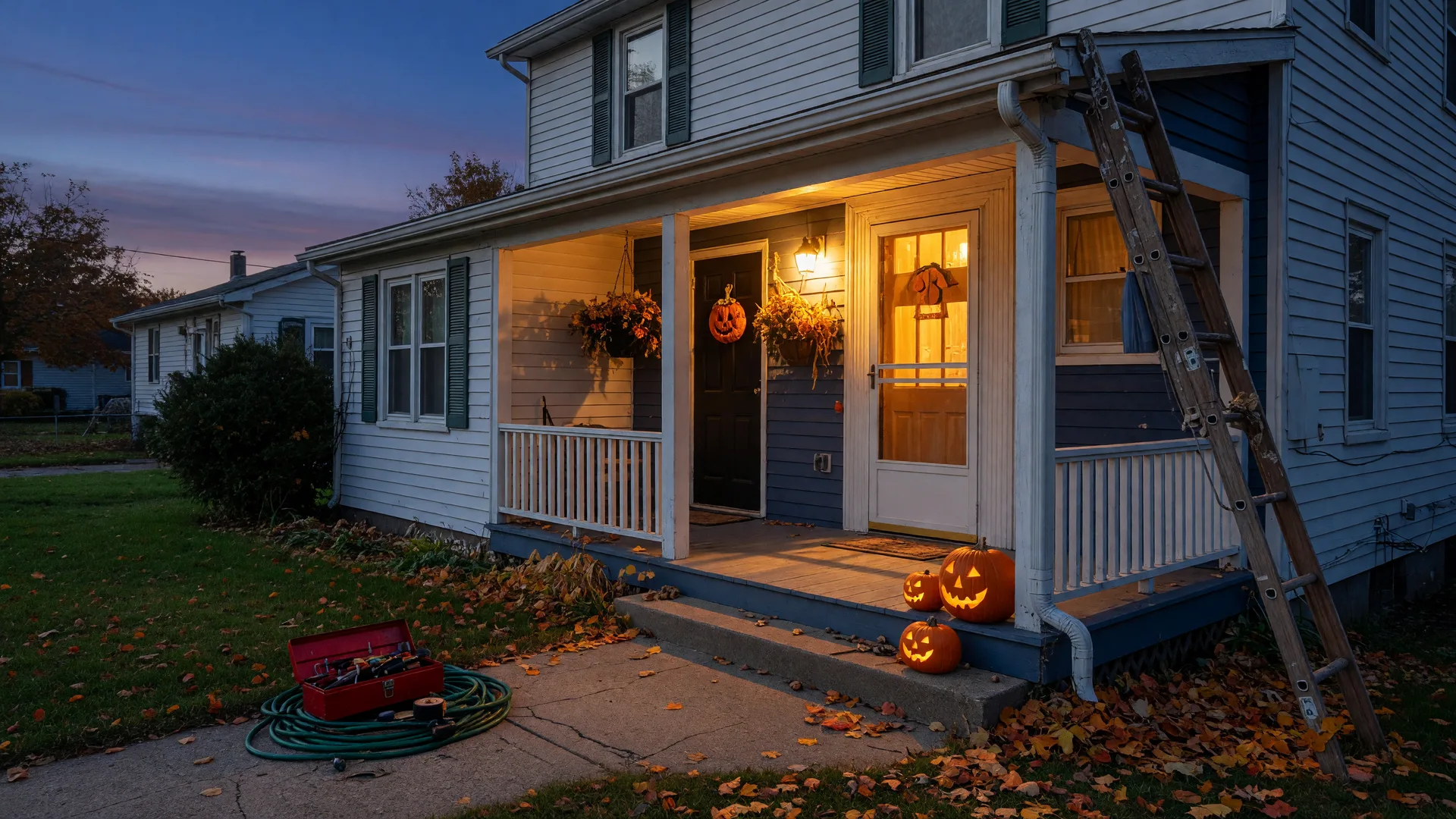 A classic American home at dusk in October with a ladder leaning against the gutter, a toolbox and garden hose on the front walk, carved pumpkins on the stoop, and warm porch light glowing behind the screen door