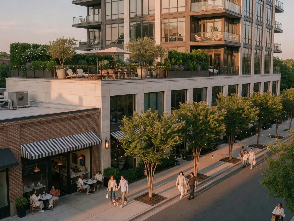 An upscale high-rise condo building in Uptown Charlotte with floor-to-ceiling windows and a walkable street with coffee shops below