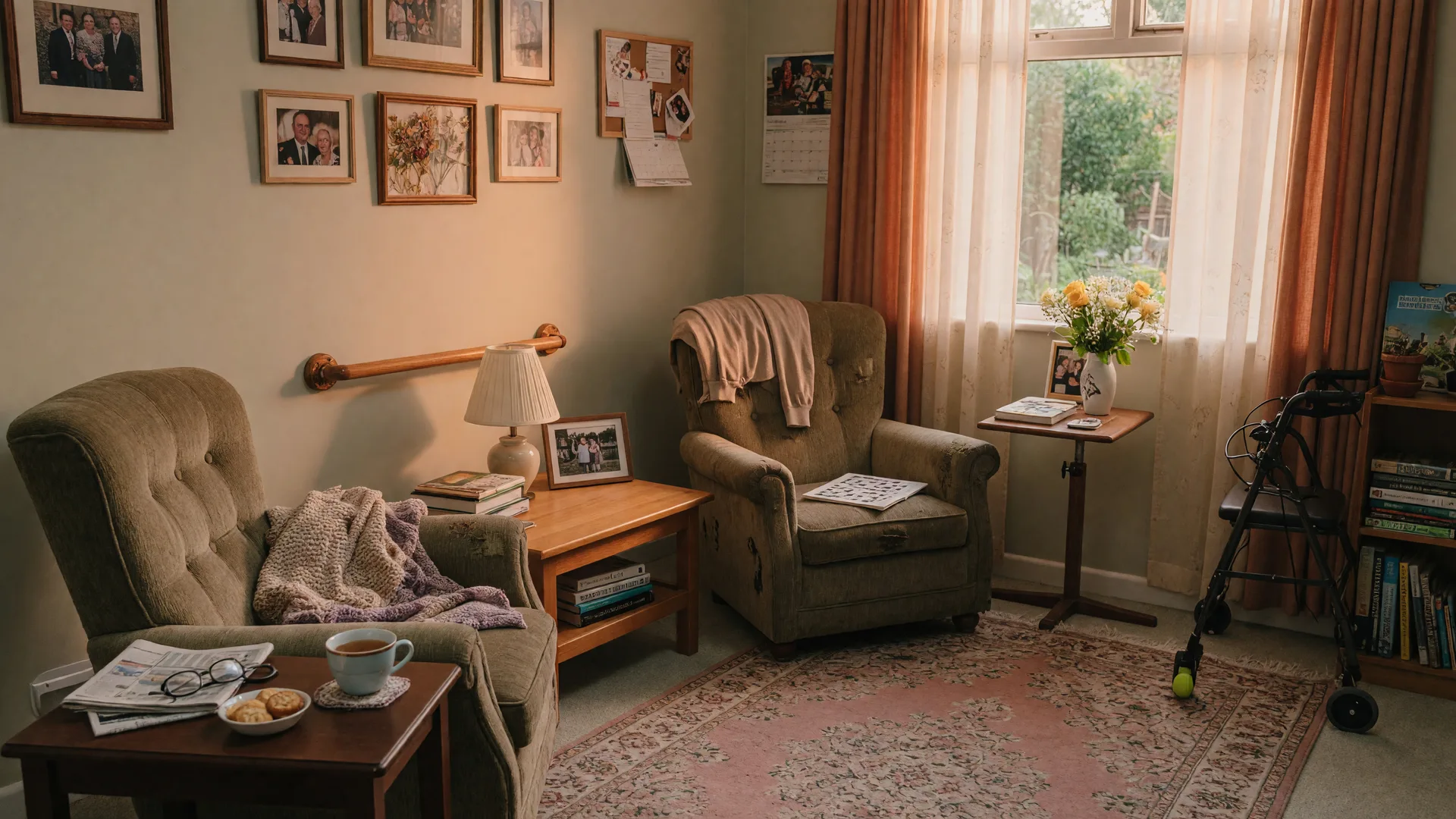 Senior couple's home interior with comfortable furnishings, soft natural light, and a cup of tea