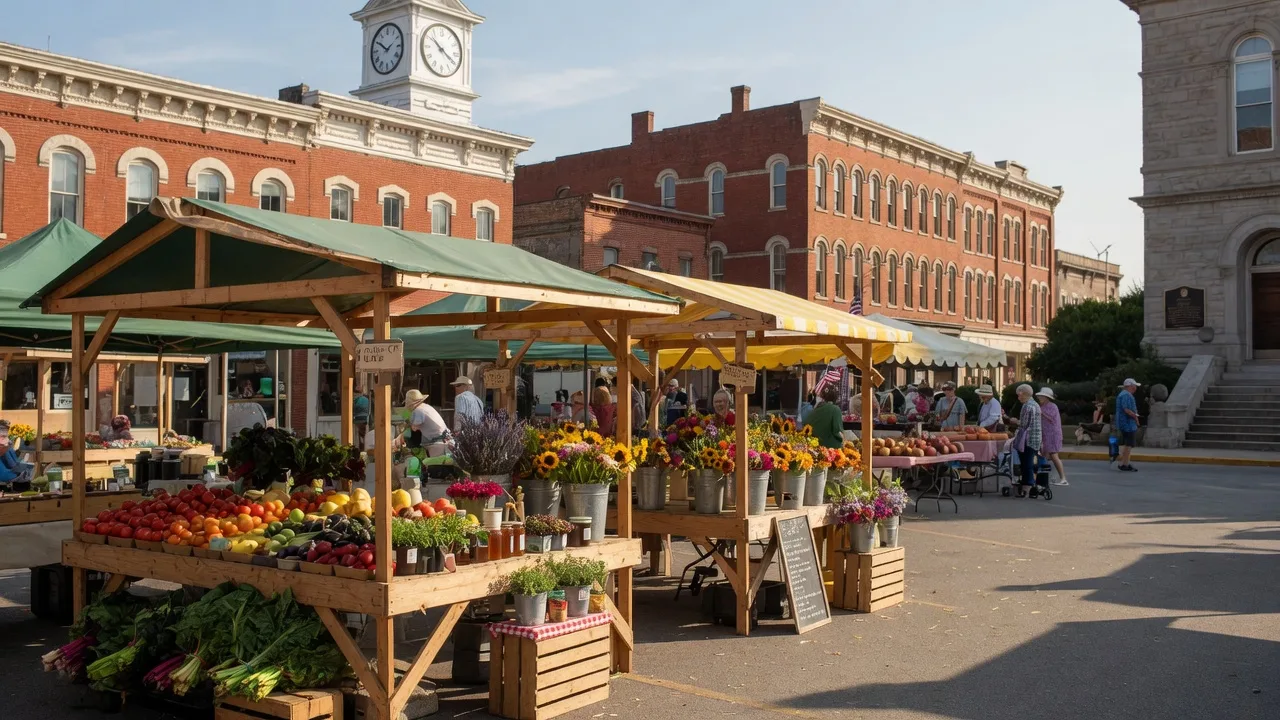 A lively farmers market on a sunny morning in a small Kentucky downtown square