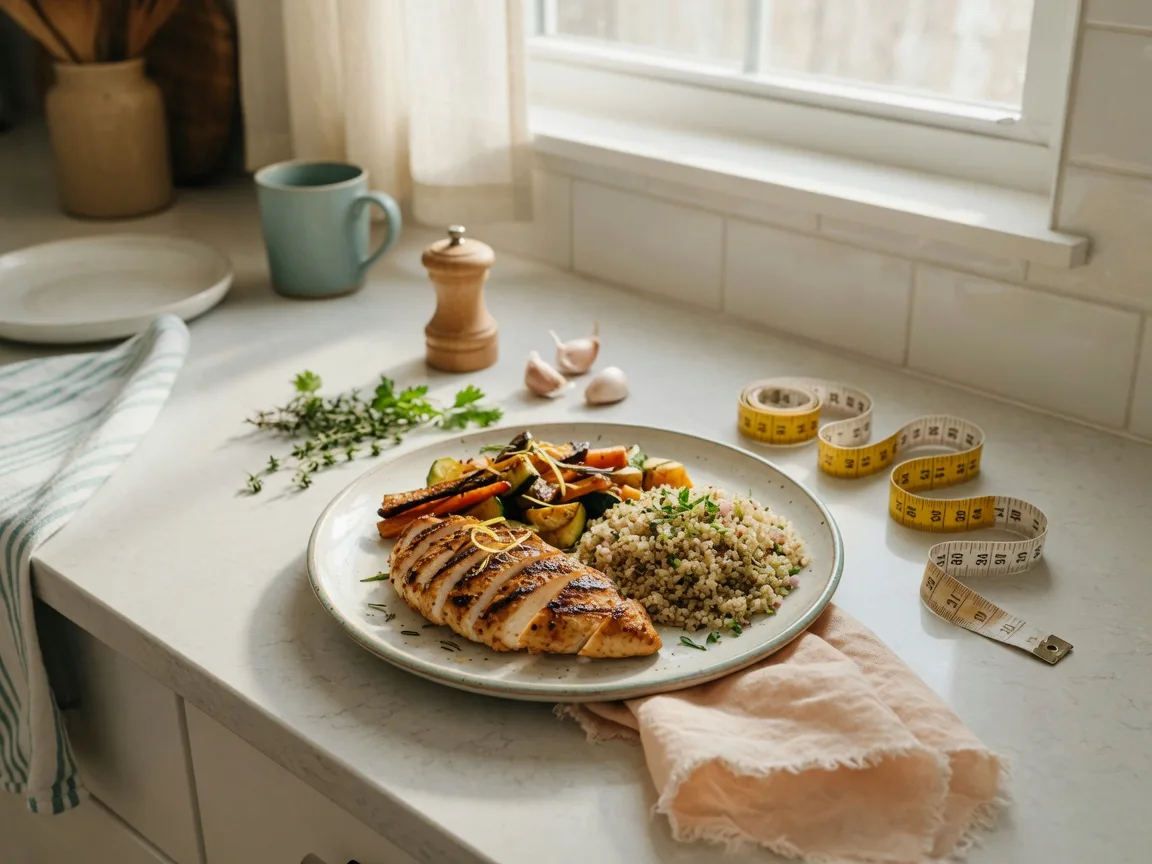 A balanced meal of grilled chicken, roasted vegetables, and quinoa beside a measuring tape on a kitchen counter