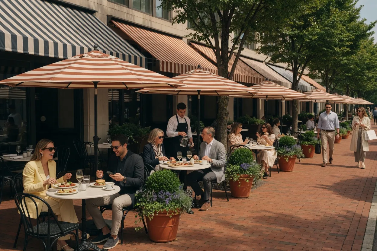 Bright daylight view of the dining scene in downtown Bethesda