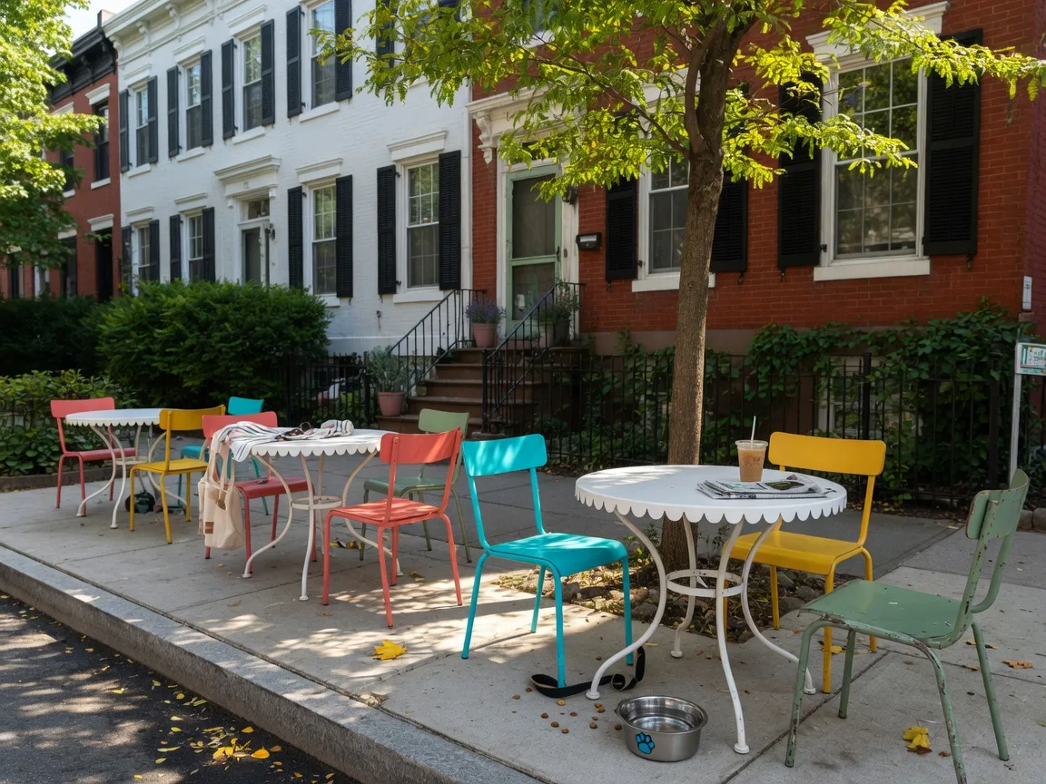 A sunny sidewalk cafe patio in Washington DC's Shaw neighborhood with white bistro tables, colorful chairs, dappled tree shade, and brick rowhouses in the background